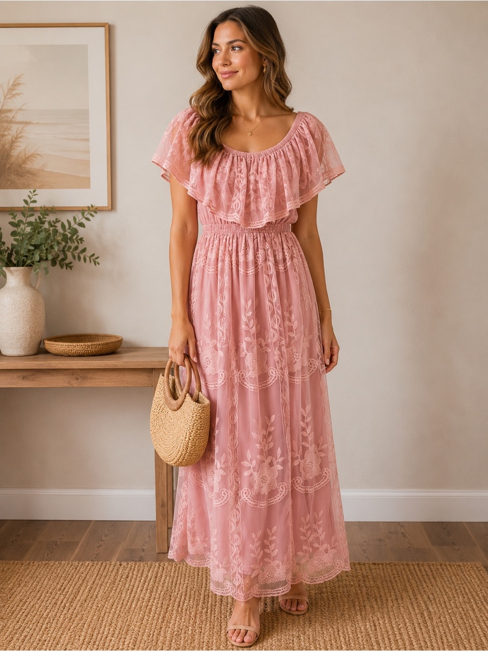 Pink Embroidered Off Shoulder Floral Maxi Dress Size Small